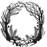 dessin vectoriel, cadre de forêt magique noir et blanc. silhouette d'une fabuleuse forêt magique. conception pour halloween. cadre pour cartes, livres. vecteur