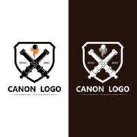 icône vectorielle du logo du canon, arme de guerre de l'armée, bombe, engin explosif, garde royale, vintage rétro vecteur