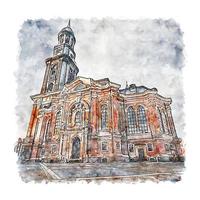 hauptkirche st michaelis allemagne croquis aquarelle illustration dessinée à la main vecteur