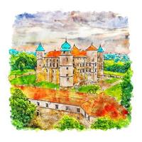 zamek wisniczu pologne croquis aquarelle illustration dessinée à la main vecteur