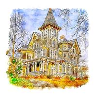 architecture vieille maison croquis aquarelle illustration dessinée à la main vecteur