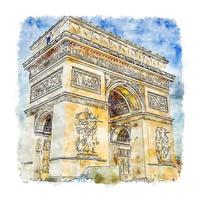 arc de triomphe paris aquarelle croquis illustration dessinée à la main vecteur