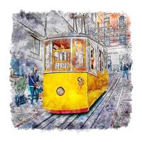 train jaune lisboa croquis aquarelle illustration dessinée à la main vecteur