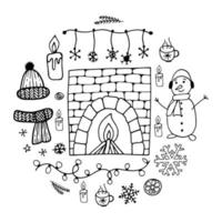 hiver confortable dans un style doodle. illustrations d'hiver dessinées à la main de vecteur simple. carte de noël, bonne année