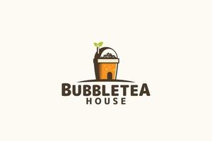 logo de maison de thé à bulles avec une combinaison d'une maison, d'un thé à bulles, d'une tasse et d'une feuille. vecteur