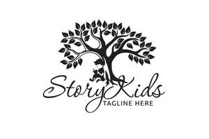 logo story kids avec un enfant assis lisant un livre sous un arbre ombragé. vecteur