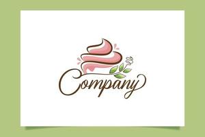 logo de gâteau frais avec un gâteau de beauté, des feuilles, une branche et un fouet pour toute entreprise, en particulier pour la boulangerie, la pâtisserie, les biscuits, le café, etc.
