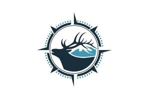 logo de cerf de montagne avec une combinaison de cerf, de montagnes et de boussole. vecteur