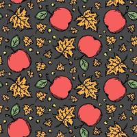 modèle d'automne sans couture avec des pommes et des feuilles. pommes rouges et fond de feuilles d'érable. motif pomme vecteur