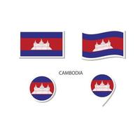ensemble d'icônes du logo du drapeau du cambodge, icônes plates rectangulaires, forme circulaire, marqueur avec drapeaux. vecteur
