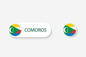 drapeau de bouton des comores dans l'illustration de forme ovale avec le mot des comores. et bouton drapeau comores. vecteur