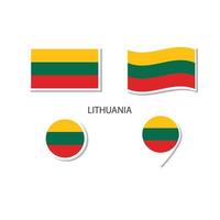 ensemble d'icônes du logo du drapeau de la lituanie, icônes plates rectangulaires, forme circulaire, marqueur avec drapeaux. vecteur
