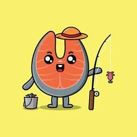 dessin animé mignon saumon frais prêt à pêcher vecteur