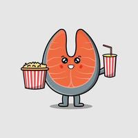 saumon frais de dessin animé mignon avec pop-corn et boisson vecteur