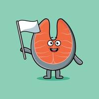 mascotte de saumon frais de dessin animé mignon avec un drapeau blanc vecteur