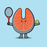 dessin animé mignon saumon frais jouant au tennis vecteur