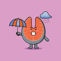 dessin animé mignon saumon frais sous la pluie à l'aide d'un parapluie vecteur