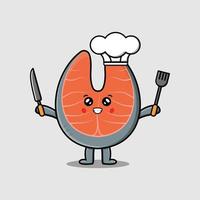 chef de saumon frais de dessin animé tenant un couteau et une fourchette vecteur