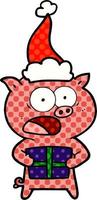 illustration de style bande dessinée d'un cochon avec un cadeau de noël portant un bonnet de noel vecteur