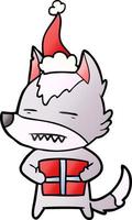dessin animé dégradé d'un loup avec un cadeau portant un bonnet de noel vecteur