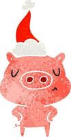 dessin animé rétro d'un cochon de contenu portant un bonnet de noel vecteur