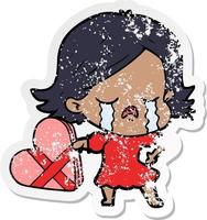autocollant en détresse d'une fille de dessin animé pleurant sur la saint valentin vecteur