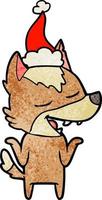 dessin animé texturé d'un loup riant portant un bonnet de noel vecteur