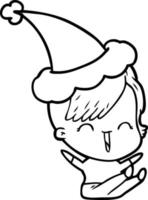 dessin au trait d'une fille hipster heureuse portant un bonnet de noel vecteur