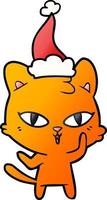 dessin animé dégradé d'un chat portant un bonnet de noel vecteur