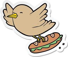 autocollant d'un oiseau de bande dessinée volant un sandwich vecteur