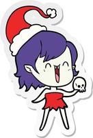 dessin animé mignon autocollant d'une fille vampire heureuse portant un bonnet de noel vecteur