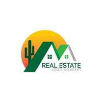 logo immobilier vert avec coucher de soleil et cactus vecteur