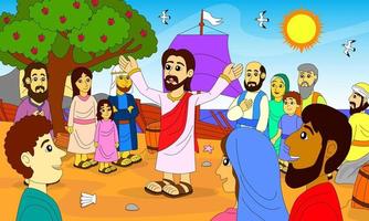 Jésus enseigne à de nombreuses personnes au bord du lac de Galilée, des illustrations bibliques pour enfants, le christianisme, l'impression, des affiches, des sites Web et plus encore