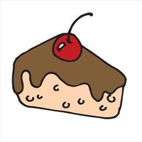 illustration vectorielle dans le style doodle, dessin animé. part de gâteau. icône mignonne d'un morceau de gâteau avec glaçage au chocolat et cerise isolé sur fond blanc. clipart dessert sucré vecteur