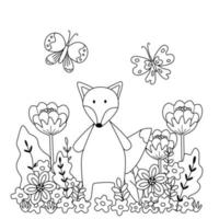 livre de coloriage pour enfants avec un joli renard parmi les fleurs et les papillons. croquis, contour simple, modèle de carte pour enfants. illustration vectorielle en style cartoon. vecteur