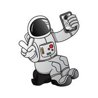 Caricature de mascotte astronaute faisant selfie avec handphone vecteur