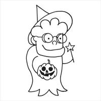 illustration vectorielle dans un style doodle. personnage mignon vieille femme en costume de sorcière pour halloween. dessin au trait simple, croquis. femme âgée souriante avec une baguette magique. vecteur