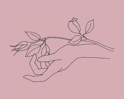 mains féminines gracieuses stylisées et une fleur de rose. arrière-plan esthétique boho moderne avec des gestes féminins de la main. impression d'art minimaliste moderne, symbole de soin du corps, cosmétiques écologiques, couleurs pastel. vecteur