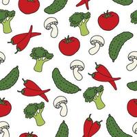 motif vectoriel continu, illustration dans le style de dessin animé de doodle. légumes mignons isolés sur fond blanc. clipart aliments végétaliens, aliments sains, légumes. arrière-plan pour tissu, publicité