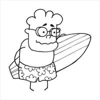 illustration vectorielle dans un style doodle. homme âgé, grand-père en maillot de bain et planche de surf. otpuks, reste des personnes âgées. grand-père fait du sport. retraités modernes vecteur