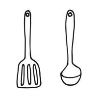 dessin vectoriel dans le style de doodle. cuiseur vapeur, spatule de cuisine, fouet pour battre. dessin simple d'ustensiles de cuisine.
