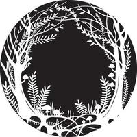 illustration vectorielle, mystérieuse forêt de fées. cadre, bordure, arrière-plan pour livre, carte postale, couverture. arbres blancs sur fond sombre, arbres, champignons et herbes. vecteur