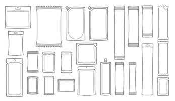 ensemble d'icônes de sachet. bâton modèle d'emballage pour le sucre, le poivre, le souse, les médicaments, les tissus et les aliments. vecteur