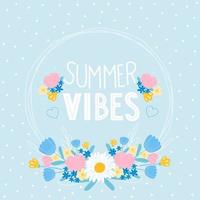 slogan de vibes d'été avec cadre de cercle floral sur fond bleu, marguerite et tulipes, modèle de conception vecteur