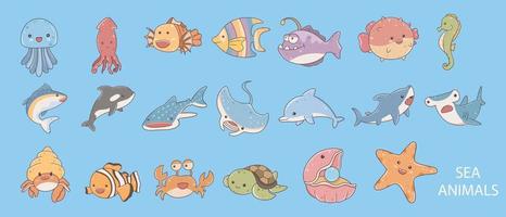 la collection de poissons et les animaux marins sauvages sont isolés sur fond bleu. habitants du monde marin, créatures sous-marines mignonnes et amusantes vecteur