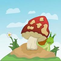 escargot heureux souriant derrière un beau champignon dans le ciel bleu vecteur