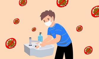 jeune garçon portant un masque pour se laver les mains. lavez-vous régulièrement les mains et nettoyez-les régulièrement. stériliser avec du gel d'alcool. prévenir la propagation des agents pathogènes coronavirus, covid 19. vecteur