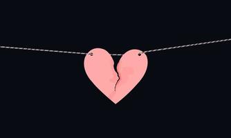 papier en forme de coeur rose avec des marques déchirées accrochées à la corde. coeur brisé, amour non partagé. vecteur