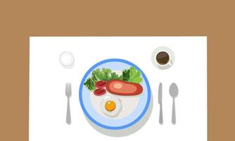 vaisselle avec couteau fourchette cuillère et café. cuisine de style occidental, steak, œufs au plat, tomates et légumes. vecteur