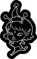 jolie icône de dessin animé d'une fille extraterrestre en cours d'exécution portant un bonnet de noel vecteur